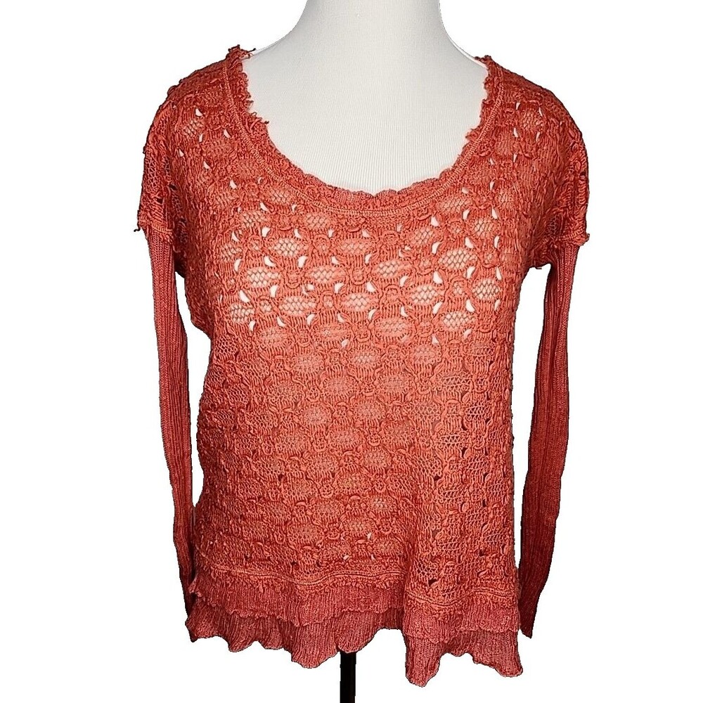 Free People Women's Sweater Open Knit Ruffle Hem Pullover Coral Orange S EUC